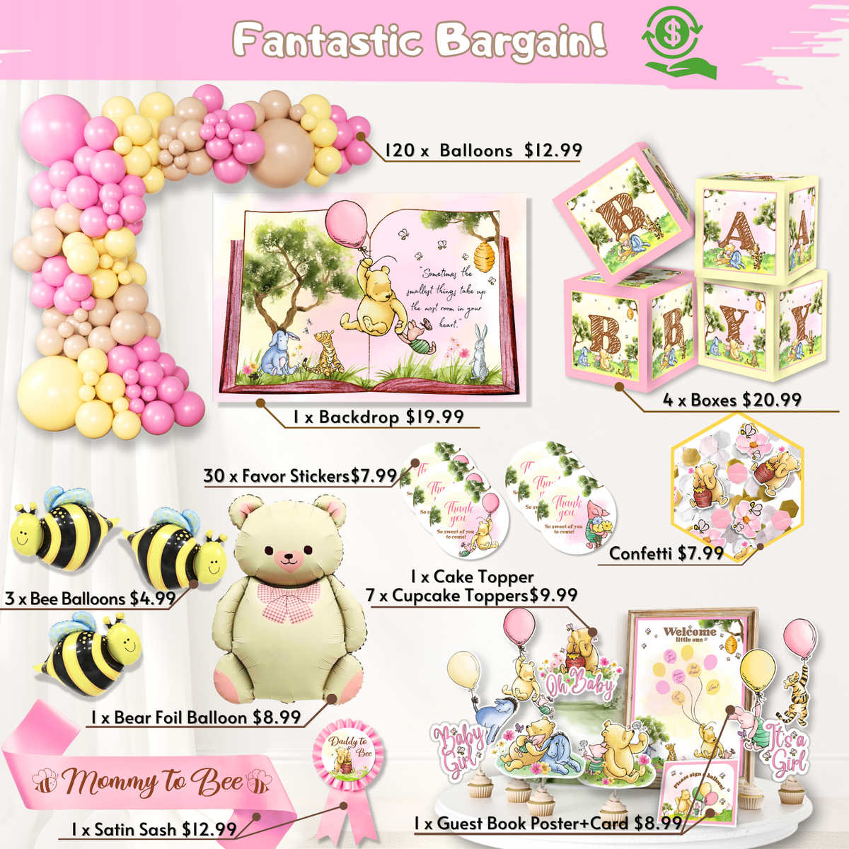 Pink Winnie Baby Shower Decorations Kit