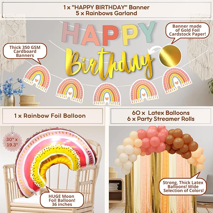 310 Pc Boho Birthday Decorations , Rainbow Party Decorations.