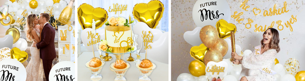 gold white engagement party decorations bridal shower bachelorette, engaged, he asked she said yes banner, cake-toppers, miss to mrs balloon boxes, diamond ring balloon, confetti, future mrs mr balloons satin sashes