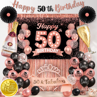 50th Birthday Decorations for Women 40 pc - Party Supplies - Black and Rose Gold Theme