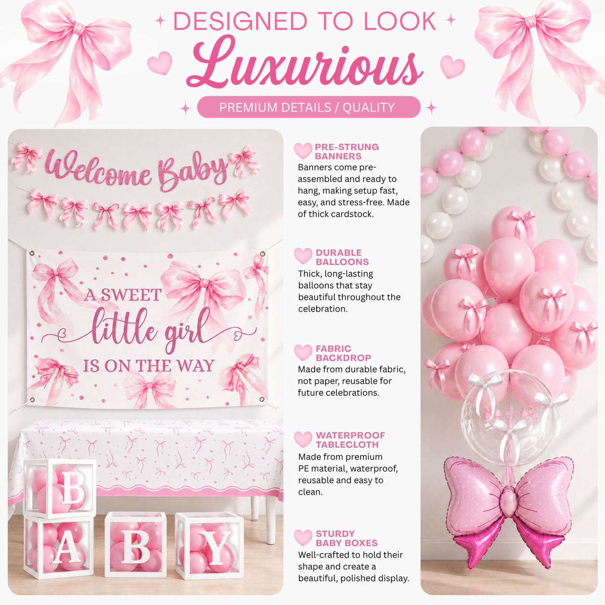 Pink Bow Baby Shower Decorations, Coquette Set for Girls
