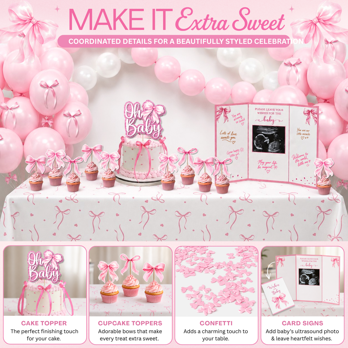 Pink Bow Baby Shower Decorations, Coquette Set for Girls