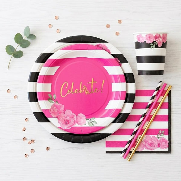 Hot Pink Party Decorations Disposable Tableware Set Serves 24