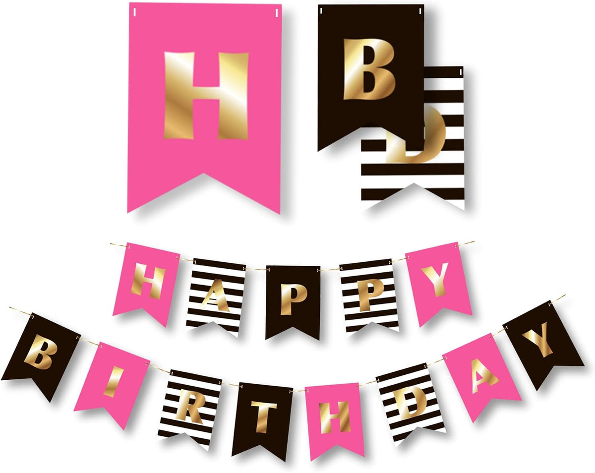 Happy Birthday Banner for Girls & Women | Hot Pink, Black & Gold | Kate Spade inspired