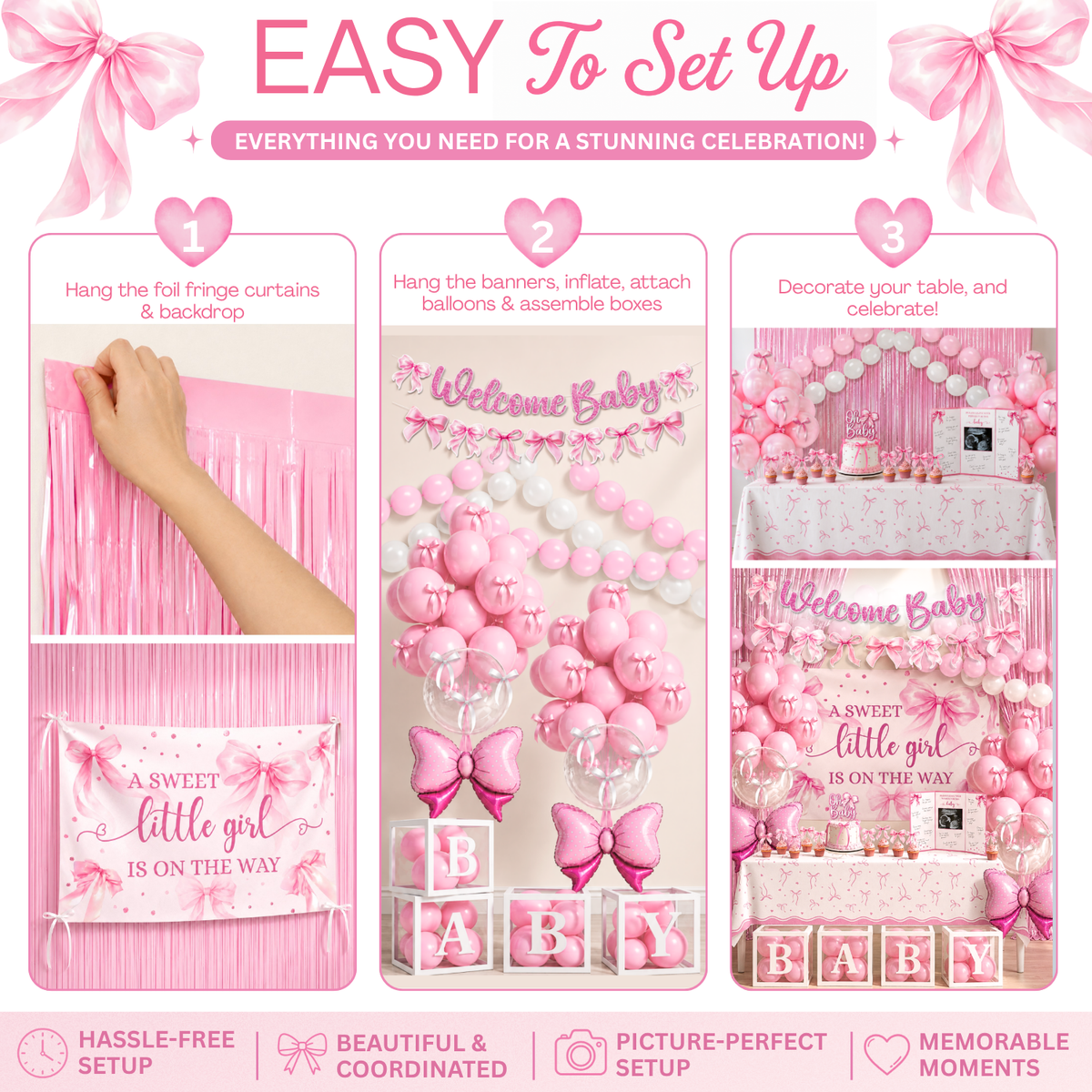 Pink Bow Baby Shower Decorations, Coquette Set for Girls