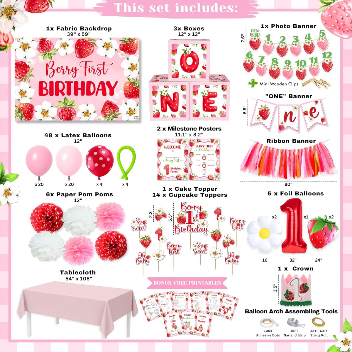 Berry First Birthday Decorations Set - Strawberry 1st Birthday Decorations Girl with Banner, Balloons, High Chair Tutu, Cake Toppers, Milestone Garland & More for Baby Girls