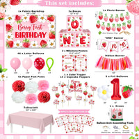 Berry First Birthday Decorations Set - Strawberry 1st Birthday Decorations Girl with Banner, Balloons, High Chair Tutu, Cake Toppers, Milestone Garland & More for Baby Girls