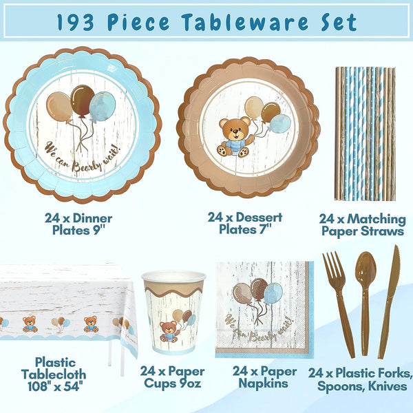 Teddy Bear Baby Shower Party Supplies | Disposable Tableware | Serves 24.