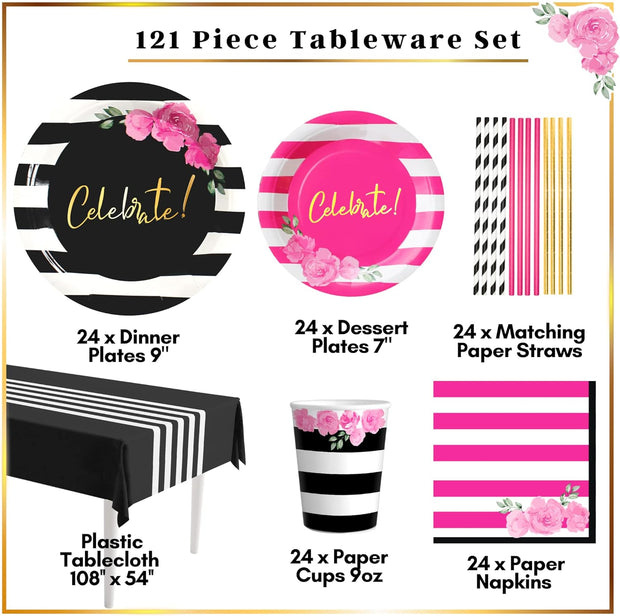 Hot Pink Party Decorations Disposable Tableware Set Serves 24