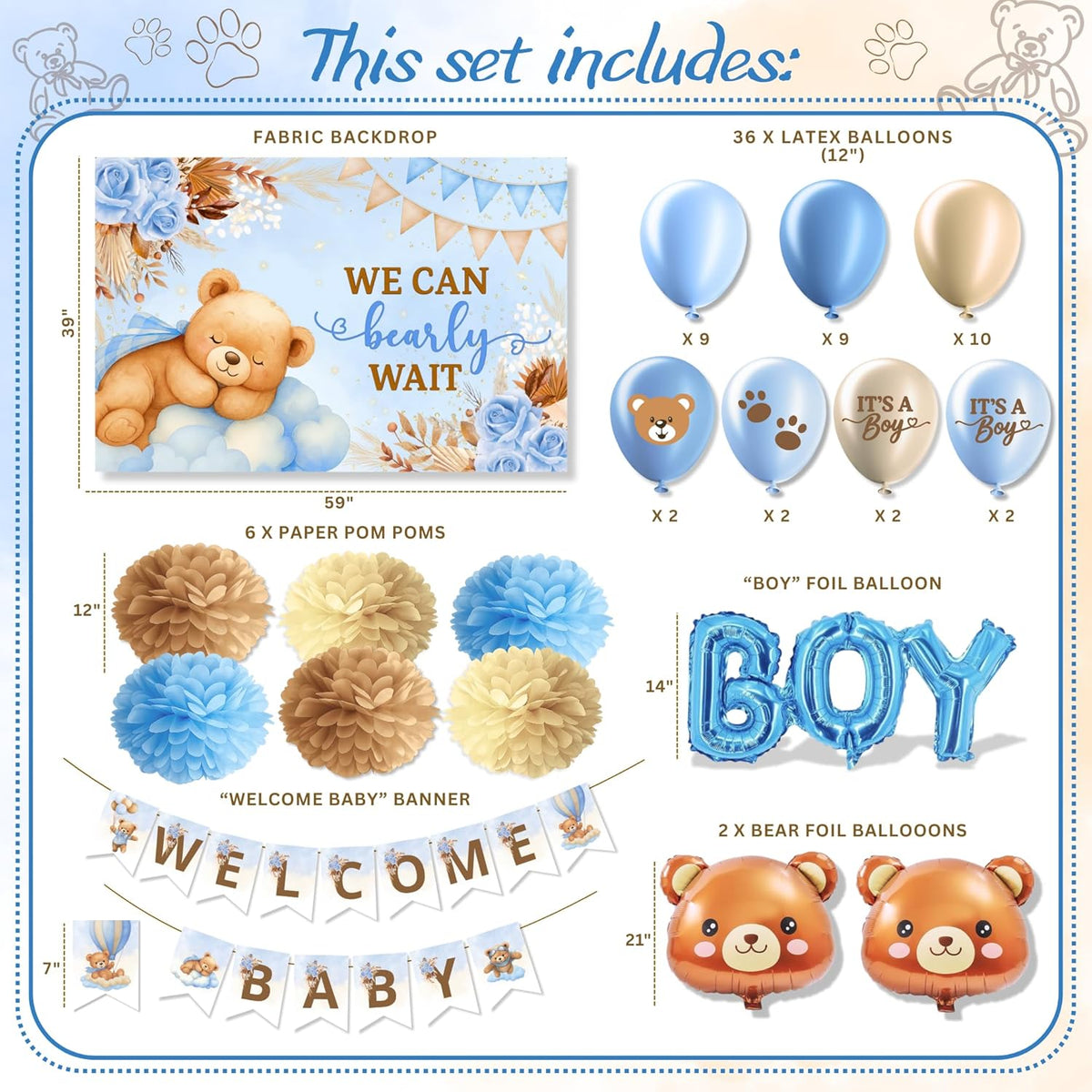 RainMeadow 95 Pc We Can Bearly Wait Baby Shower Decorations Kit for Boy - Backdrop Banner Balloons Pom Poms Cake Toppers Blue - Teddy Bear Baby Shower Decorations