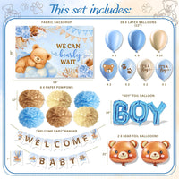 RainMeadow 95 Pc We Can Bearly Wait Baby Shower Decorations Kit for Boy - Backdrop Banner Balloons Pom Poms Cake Toppers Blue - Teddy Bear Baby Shower Decorations