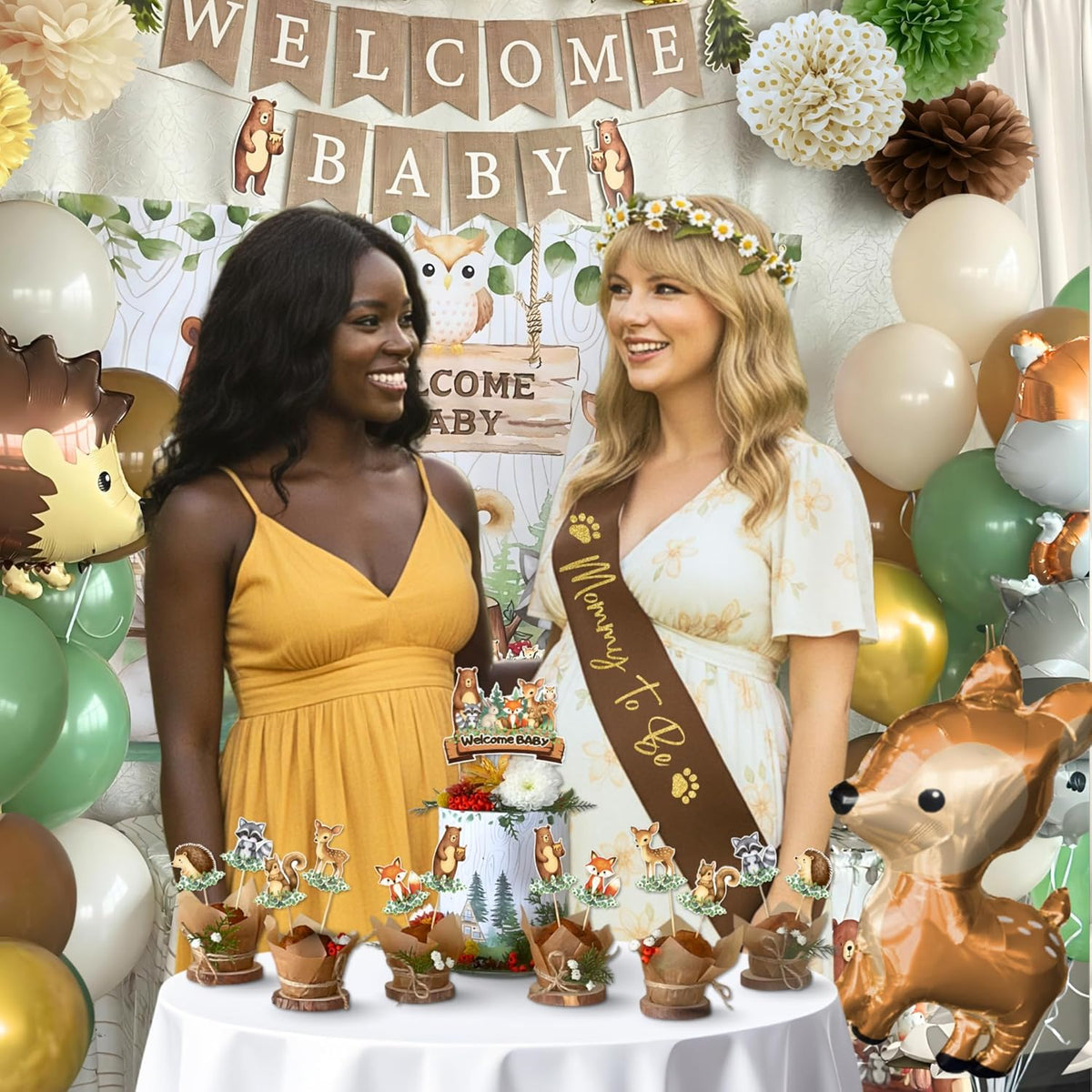 RainMeadow Woodland Animal Baby Shower Decorations - Forest Animal Theme Kit for Boy or Girl with Backdrop, Balloons, Banners, Tablecloth