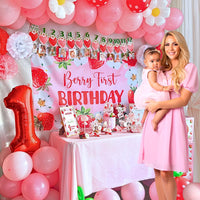 Berry First Birthday Decorations Set - Strawberry 1st Birthday Decorations Girl with Banner, Balloons, High Chair Tutu, Cake Toppers, Milestone Garland & More for Baby Girls