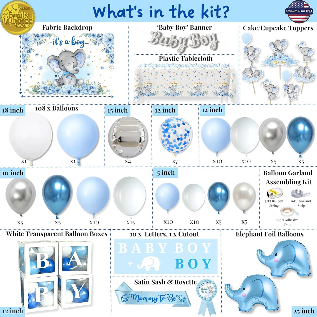 187 pc Premium Elephant Baby Shower Decorations for Boy