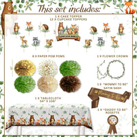 RainMeadow Woodland Animal Baby Shower Decorations - Forest Animal Theme Kit for Boy or Girl with Backdrop, Balloons, Banners, Tablecloth