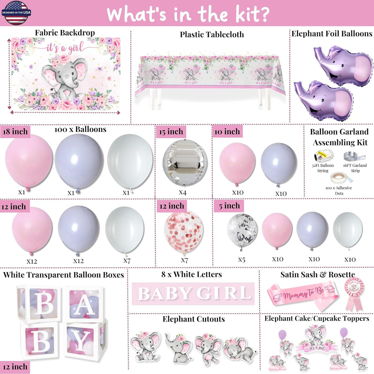 169 pc Premium Pink Elephant Baby Shower Decorations Girl