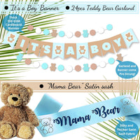 Teddy Bear Baby Shower Decorations for Boy | It's A Boy Banner, Sash, Guestbook, Favour Stickers, Game Cards, Paper Lanterns, Honeycombs, Pom-poms, Cake Toppers, Balloons.