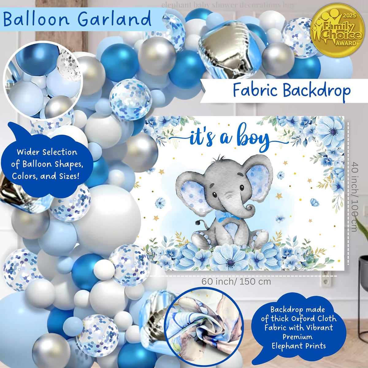 187 pc Premium Elephant Baby Shower Decorations for Boy