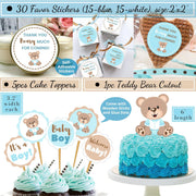 Teddy Bear Baby Shower Decorations for Boy | It's A Boy Banner, Sash, Guestbook, Favour Stickers, Game Cards, Paper Lanterns, Honeycombs, Pom-poms, Cake Toppers, Balloons.