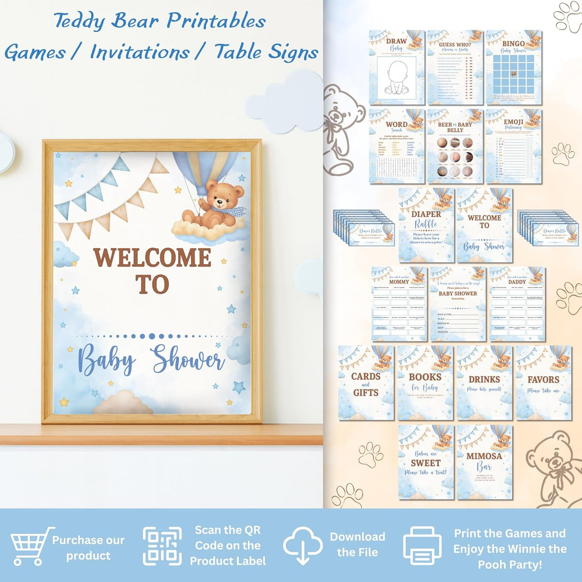 RainMeadow 95 Pc We Can Bearly Wait Baby Shower Decorations Kit for Boy - Backdrop Banner Balloons Pom Poms Cake Toppers Blue - Teddy Bear Baby Shower Decorations