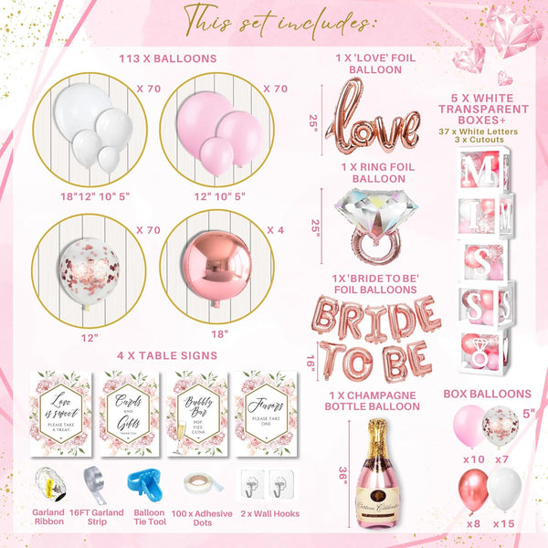 Rose Gold Bridal Shower Decorations 2 in 1 Set - Balloon Garland Arch and Boxes.