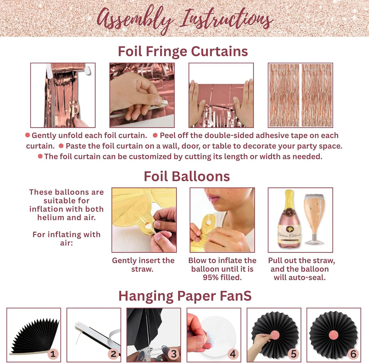 50th Birthday Decorations for Women 40 pc - Party Supplies - Black and Rose Gold Theme