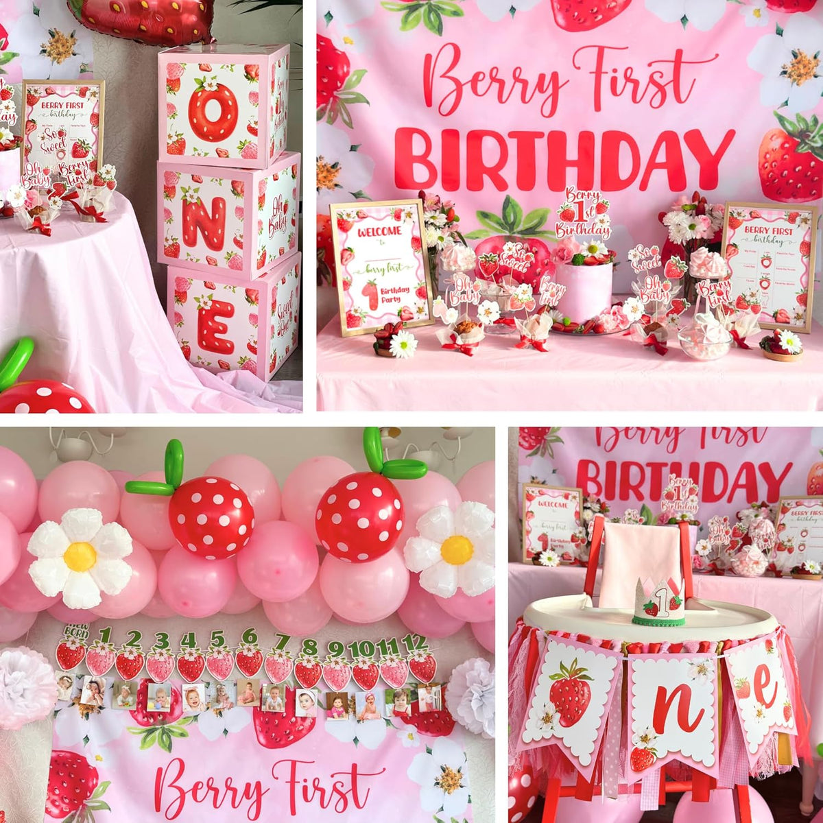 Berry First Birthday Decorations Set - Strawberry 1st Birthday Decorations Girl with Banner, Balloons, High Chair Tutu, Cake Toppers, Milestone Garland & More for Baby Girls