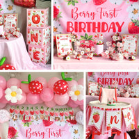 Berry First Birthday Decorations Set - Strawberry 1st Birthday Decorations Girl with Banner, Balloons, High Chair Tutu, Cake Toppers, Milestone Garland & More for Baby Girls