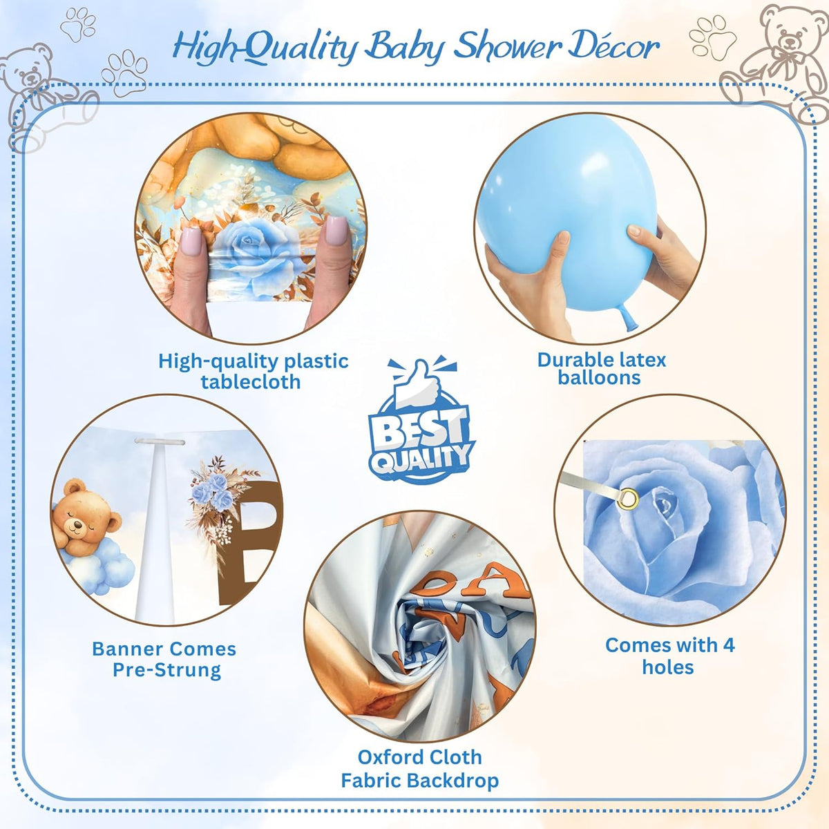 RainMeadow 95 Pc We Can Bearly Wait Baby Shower Decorations Kit for Boy - Backdrop Banner Balloons Pom Poms Cake Toppers Blue - Teddy Bear Baby Shower Decorations