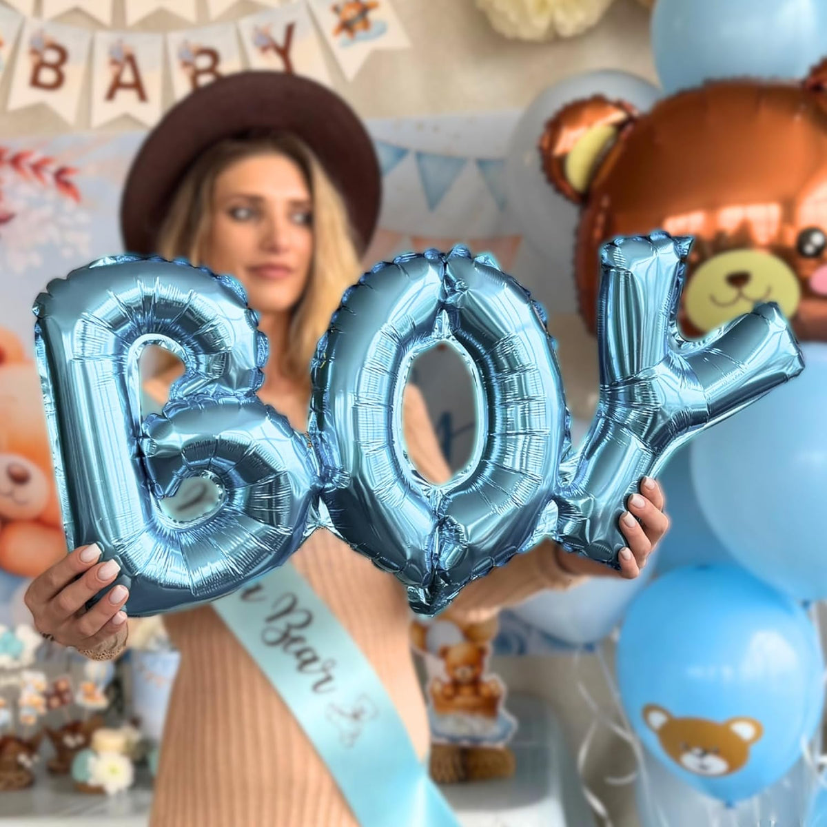 RainMeadow 95 Pc We Can Bearly Wait Baby Shower Decorations Kit for Boy - Backdrop Banner Balloons Pom Poms Cake Toppers Blue - Teddy Bear Baby Shower Decorations