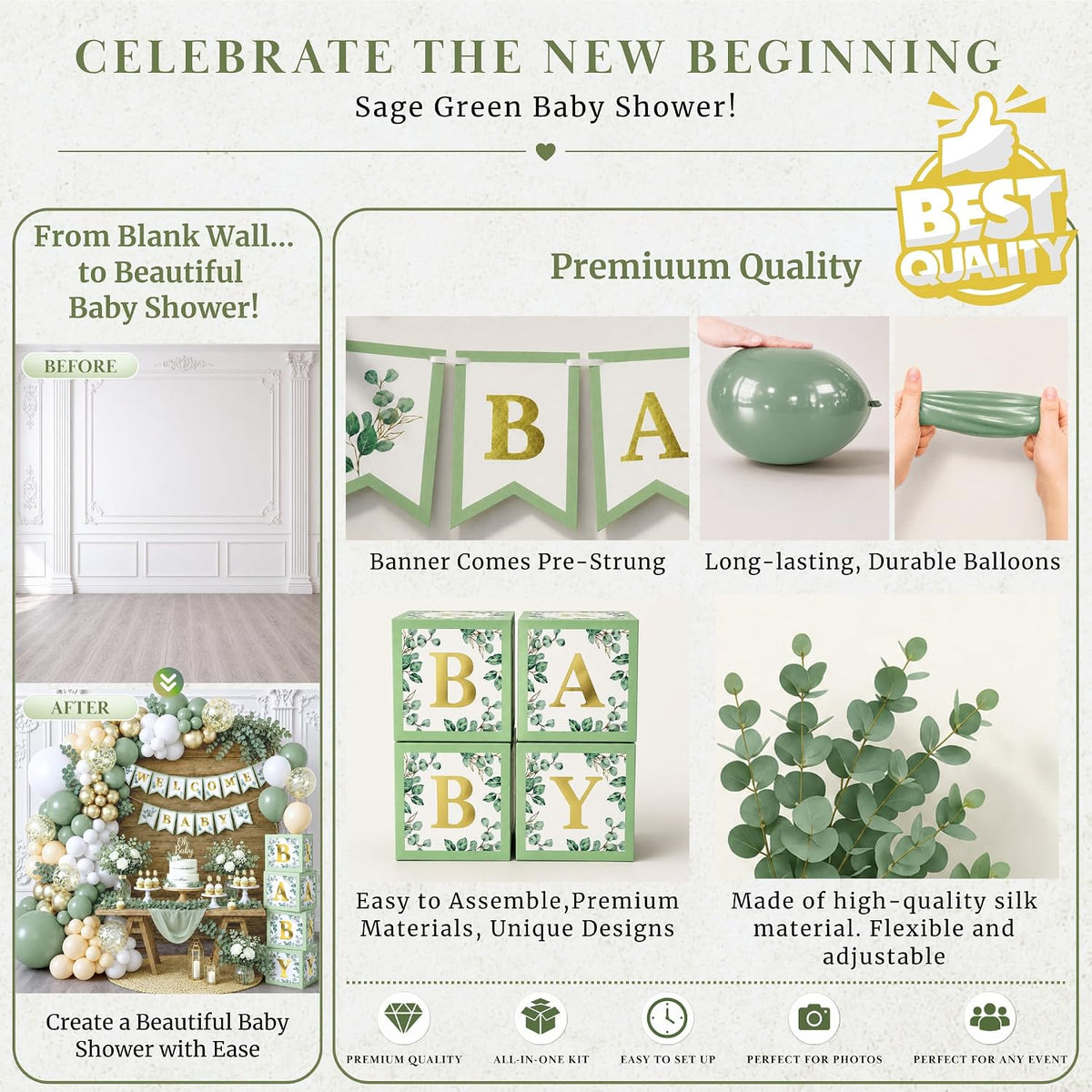 Sage Green Baby Shower Decorations, Gender Neutral