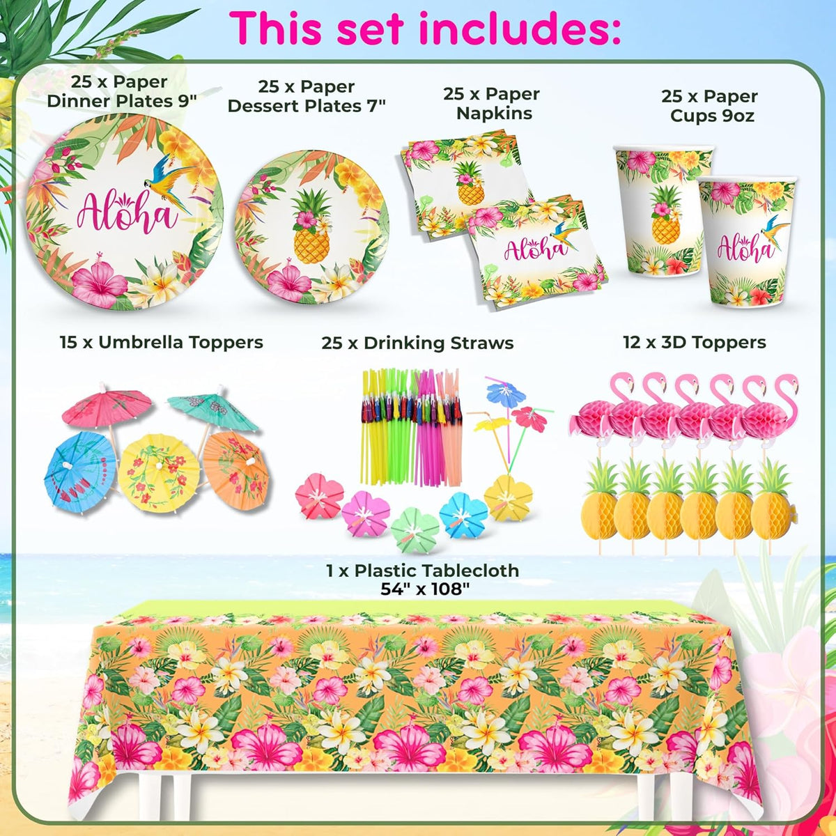 RainMeadow 209 pc Luau Birthday Party Decorations Set for 25 guests - Hawaiian Theme with Aloha Banner, Balloons, Flamingo, Tableware - Tropical Luau Party Supplies