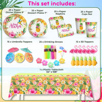 RainMeadow 209 pc Luau Birthday Party Decorations Set for 25 guests - Hawaiian Theme with Aloha Banner, Balloons, Flamingo, Tableware - Tropical Luau Party Supplies