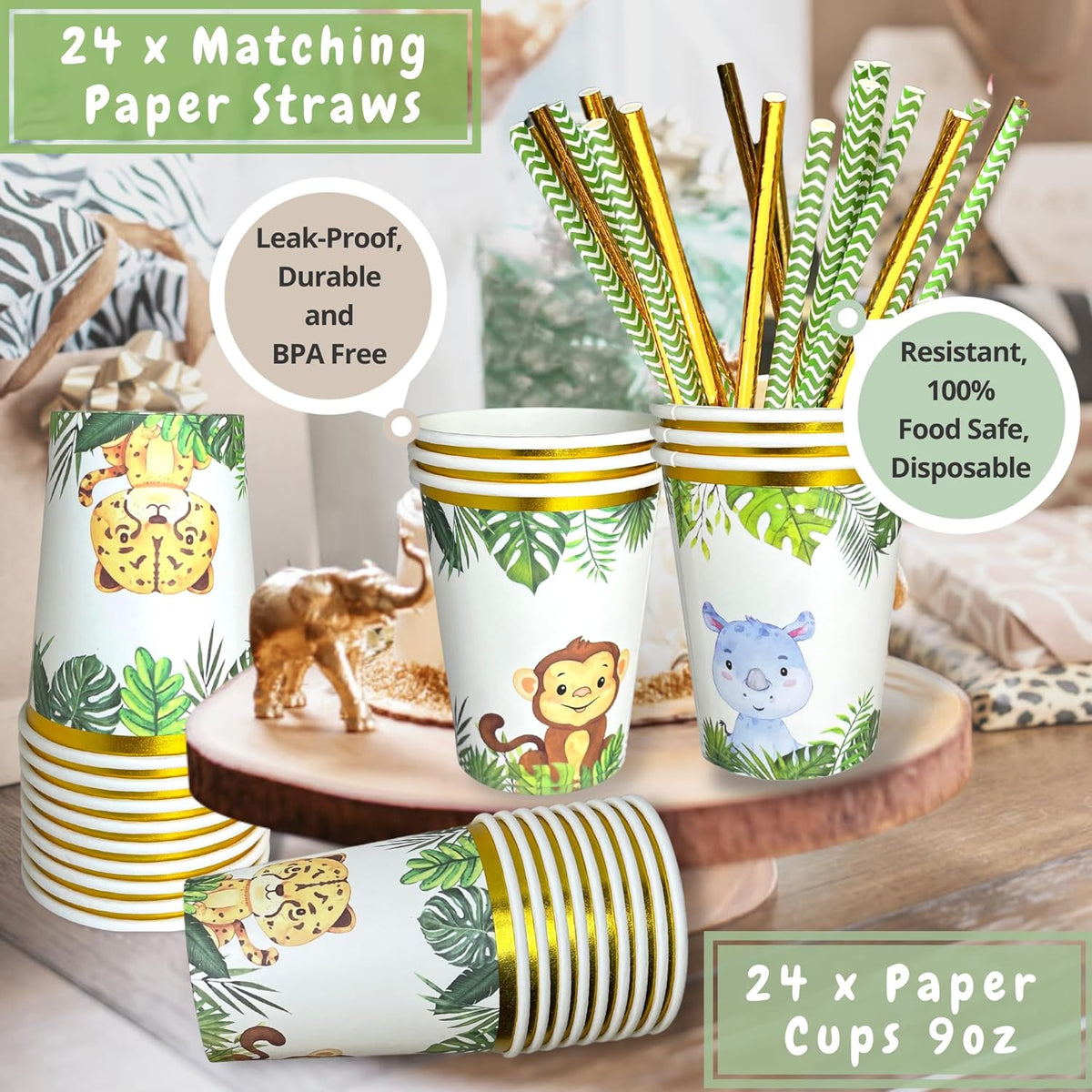 Jungle Safari Baby Shower Party Supplies | Disposable Tableware | Serves 24.