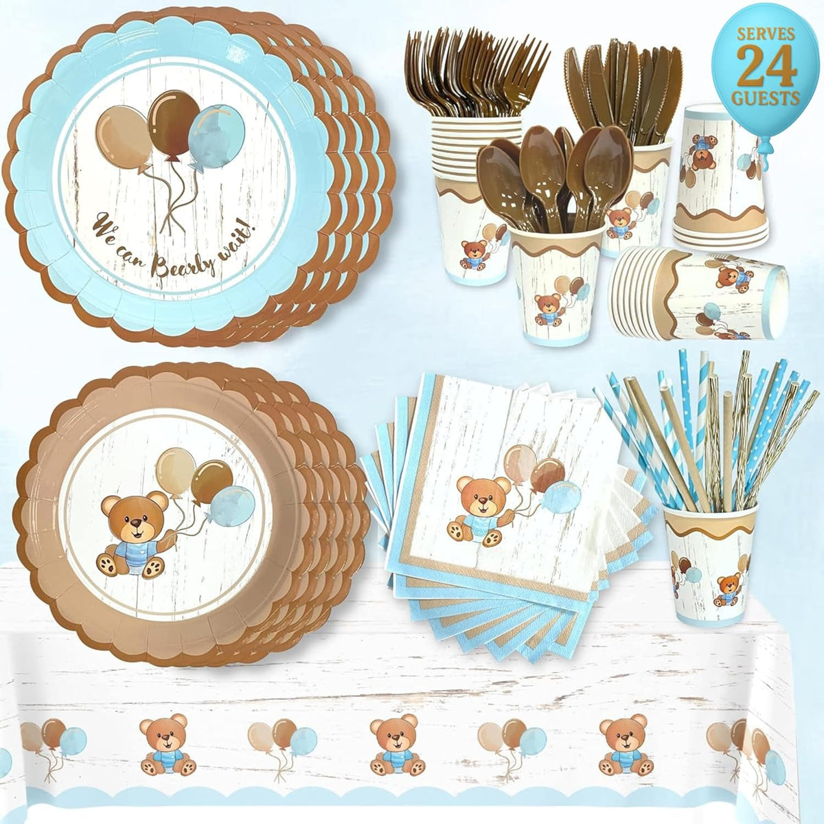 Teddy Bear Baby Shower Party Supplies | Disposable Tableware | Serves 24