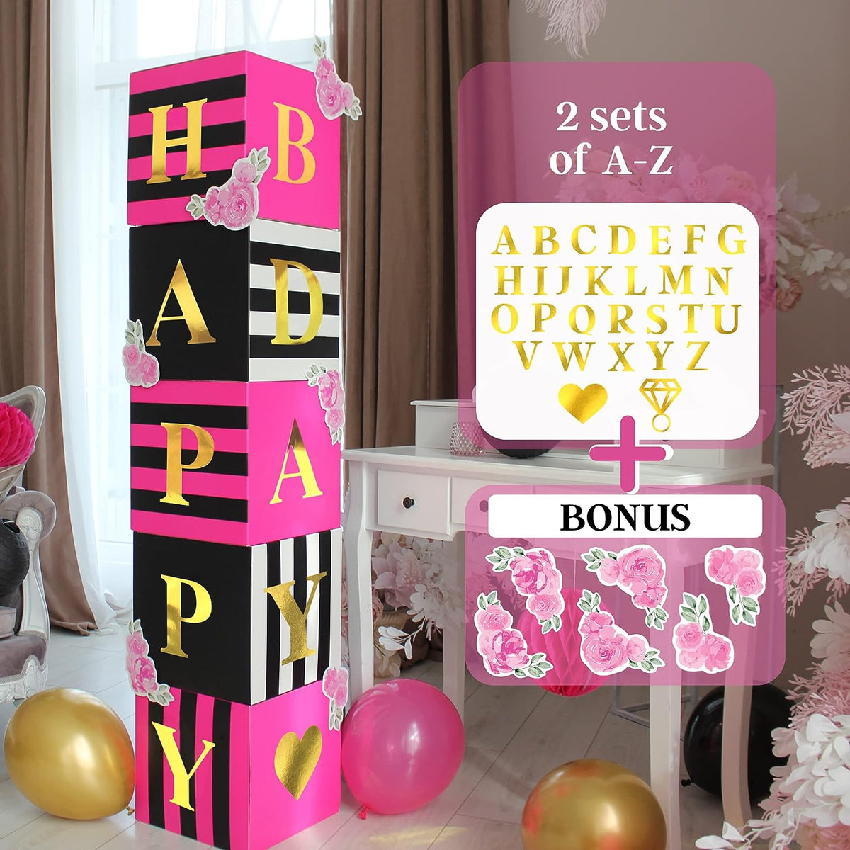 Hot Pink Balloon Boxes | Black and Pink Decorations for Birthday.