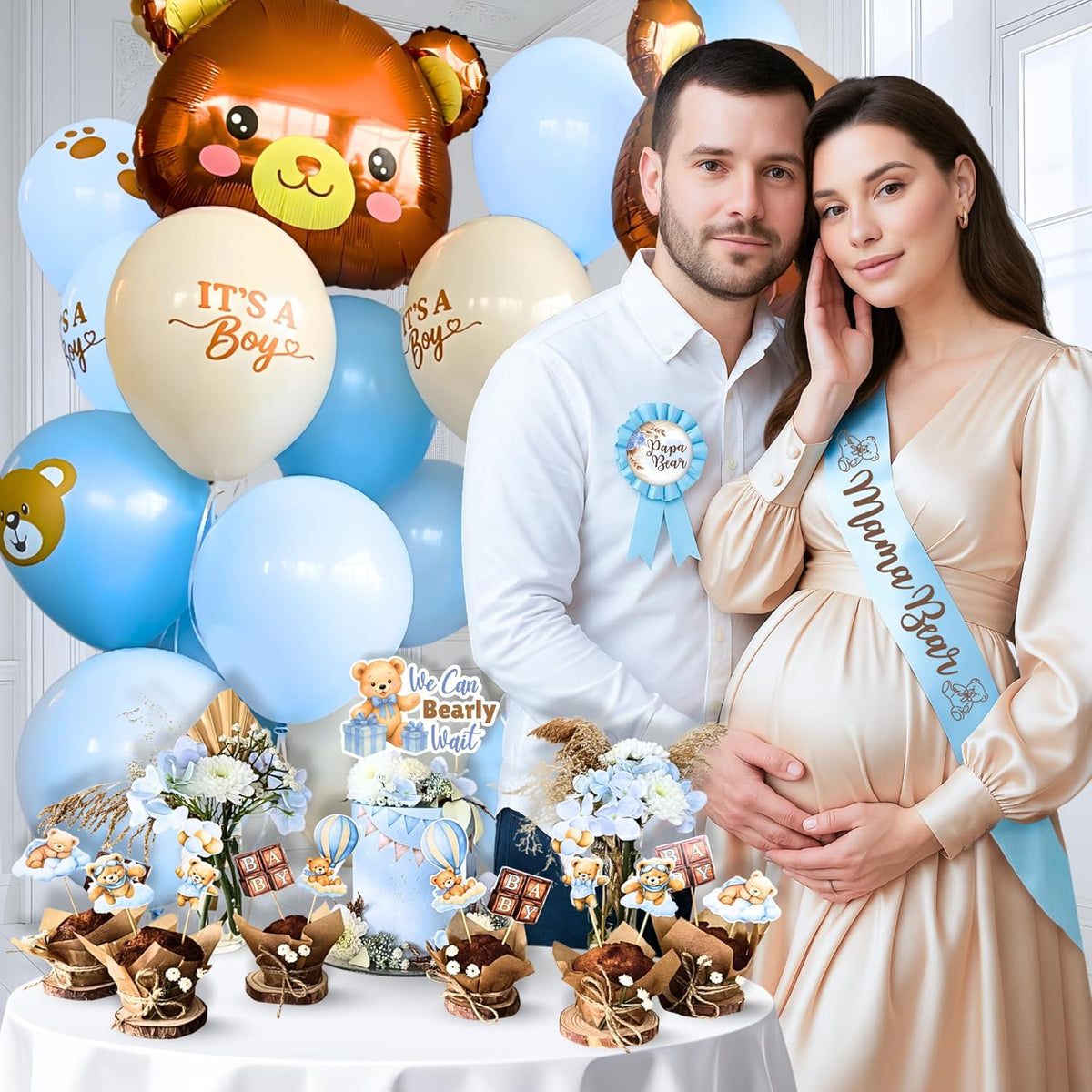 RainMeadow 95 Pc We Can Bearly Wait Baby Shower Decorations Kit for Boy - Backdrop Banner Balloons Pom Poms Cake Toppers Blue - Teddy Bear Baby Shower Decorations