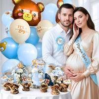 RainMeadow 95 Pc We Can Bearly Wait Baby Shower Decorations Kit for Boy - Backdrop Banner Balloons Pom Poms Cake Toppers Blue - Teddy Bear Baby Shower Decorations
