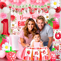 Berry First Birthday Decorations Set - Strawberry 1st Birthday Decorations Girl with Banner, Balloons, High Chair Tutu, Cake Toppers, Milestone Garland & More for Baby Girls