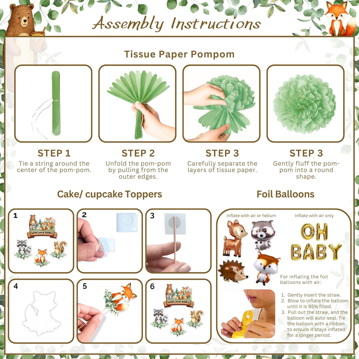 RainMeadow Woodland Animal Baby Shower Decorations - Forest Animal Theme Kit for Boy or Girl with Backdrop, Balloons, Banners, Tablecloth