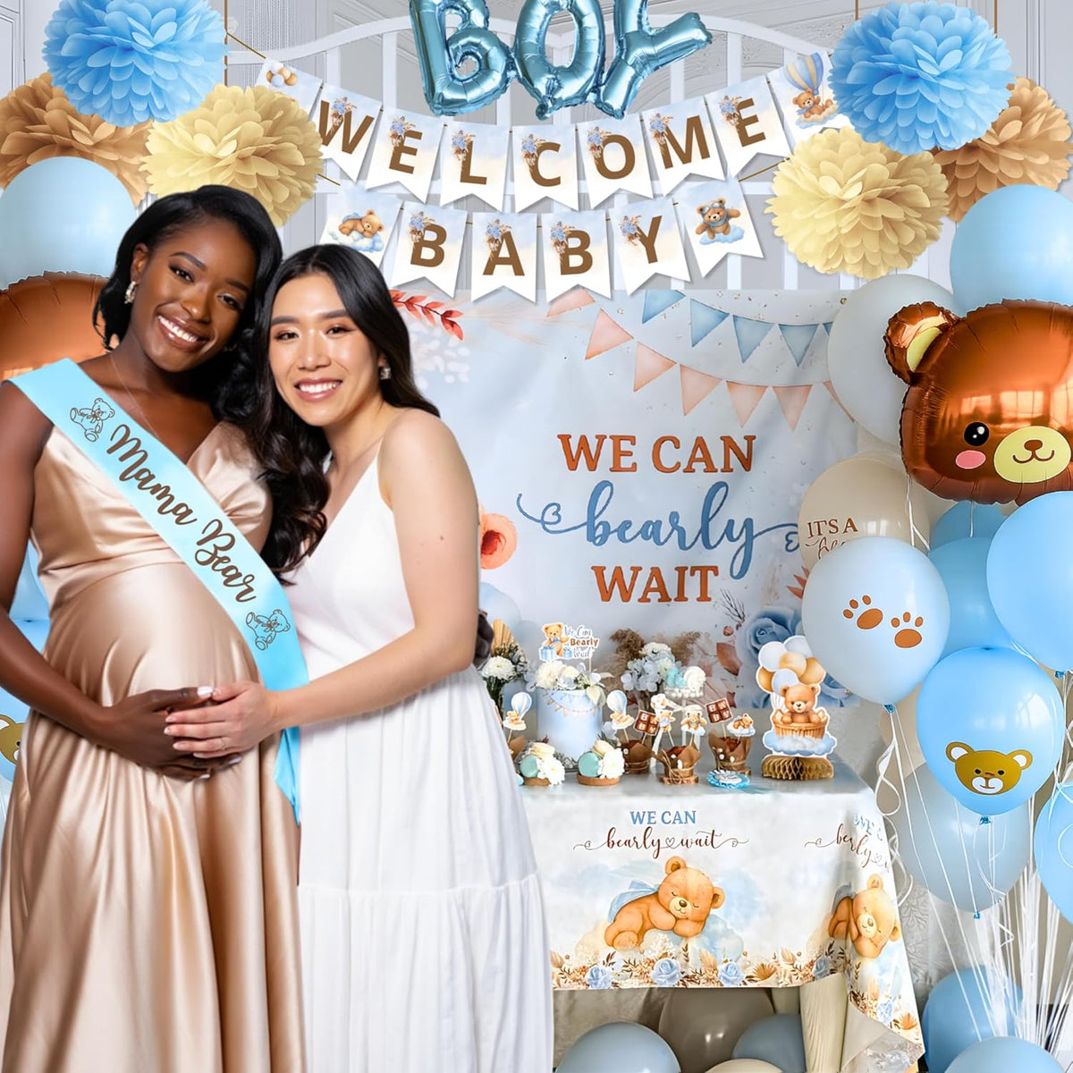 RainMeadow 95 Pc We Can Bearly Wait Baby Shower Decorations Kit for Boy - Backdrop Banner Balloons Pom Poms Cake Toppers Blue - Teddy Bear Baby Shower Decorations