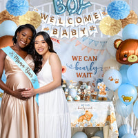 RainMeadow 95 Pc We Can Bearly Wait Baby Shower Decorations Kit for Boy - Backdrop Banner Balloons Pom Poms Cake Toppers Blue - Teddy Bear Baby Shower Decorations