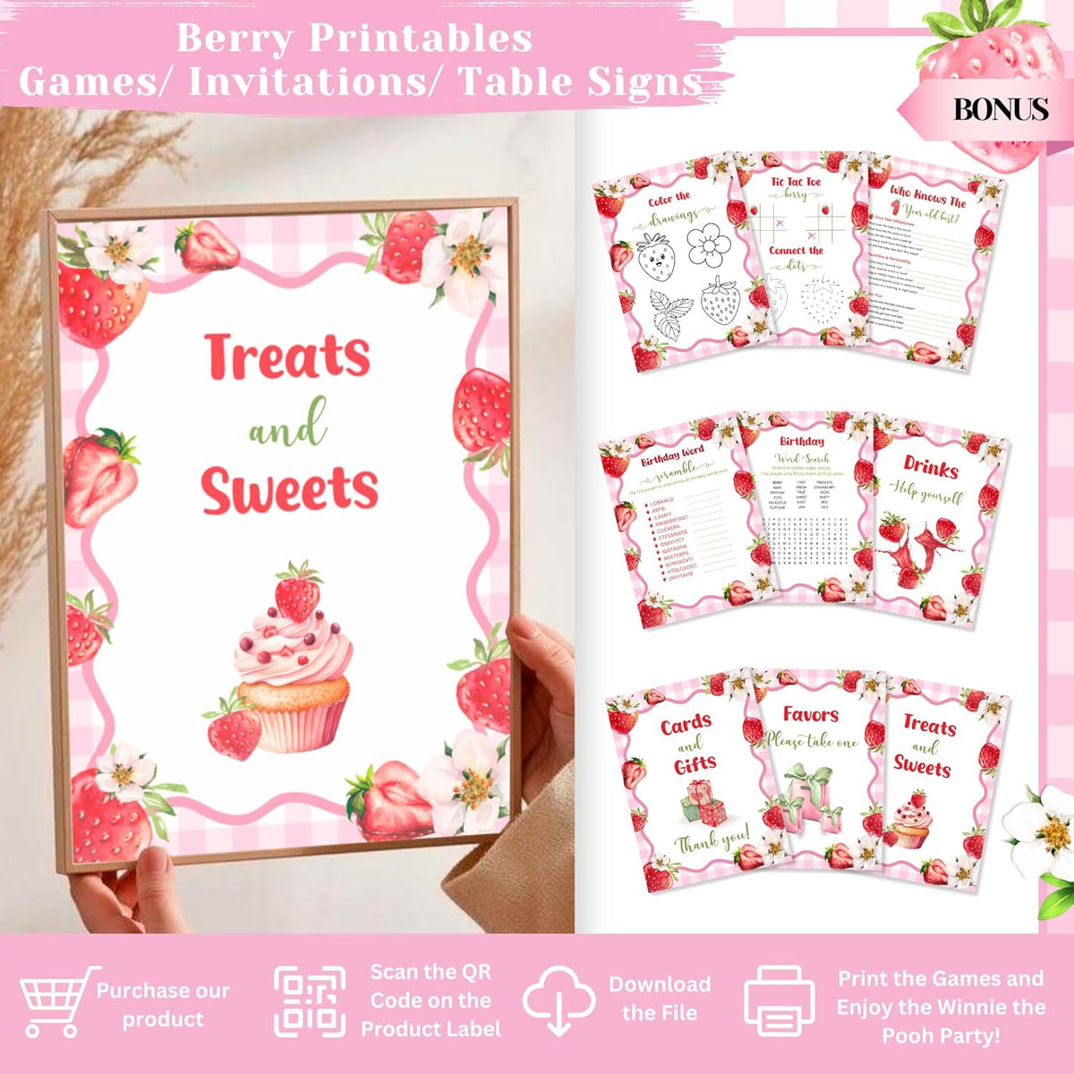 Berry First Birthday Decorations Set - Strawberry 1st Birthday Decorations Girl with Banner, Balloons, High Chair Tutu, Cake Toppers, Milestone Garland & More for Baby Girls