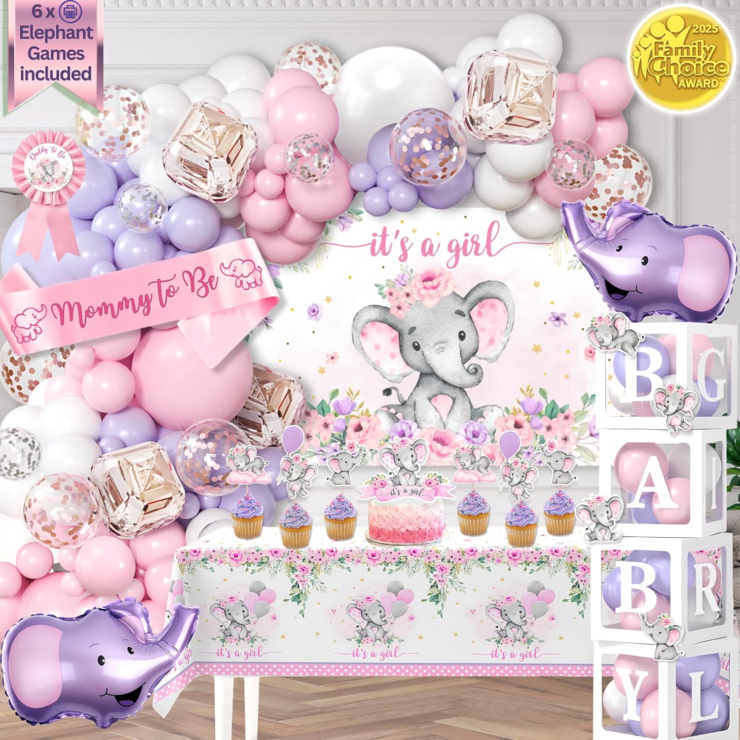169 pc Premium Pink Elephant Baby Shower Decorations Girl – Rain
