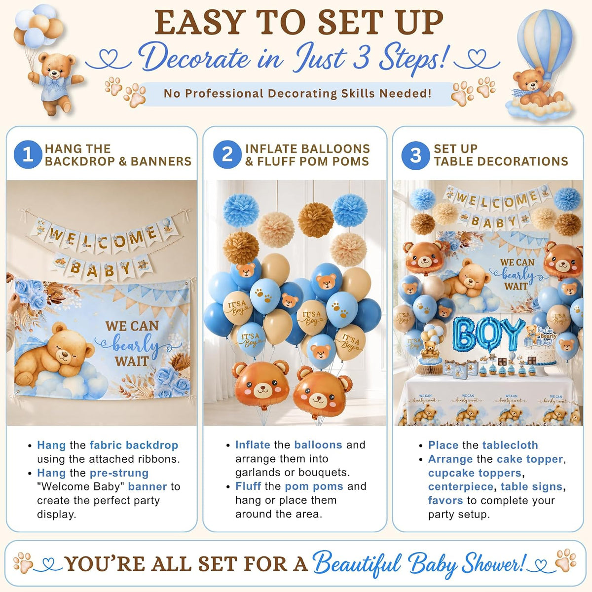 We Can Bearly Wait Baby Shower Decorations Kit for Boy
