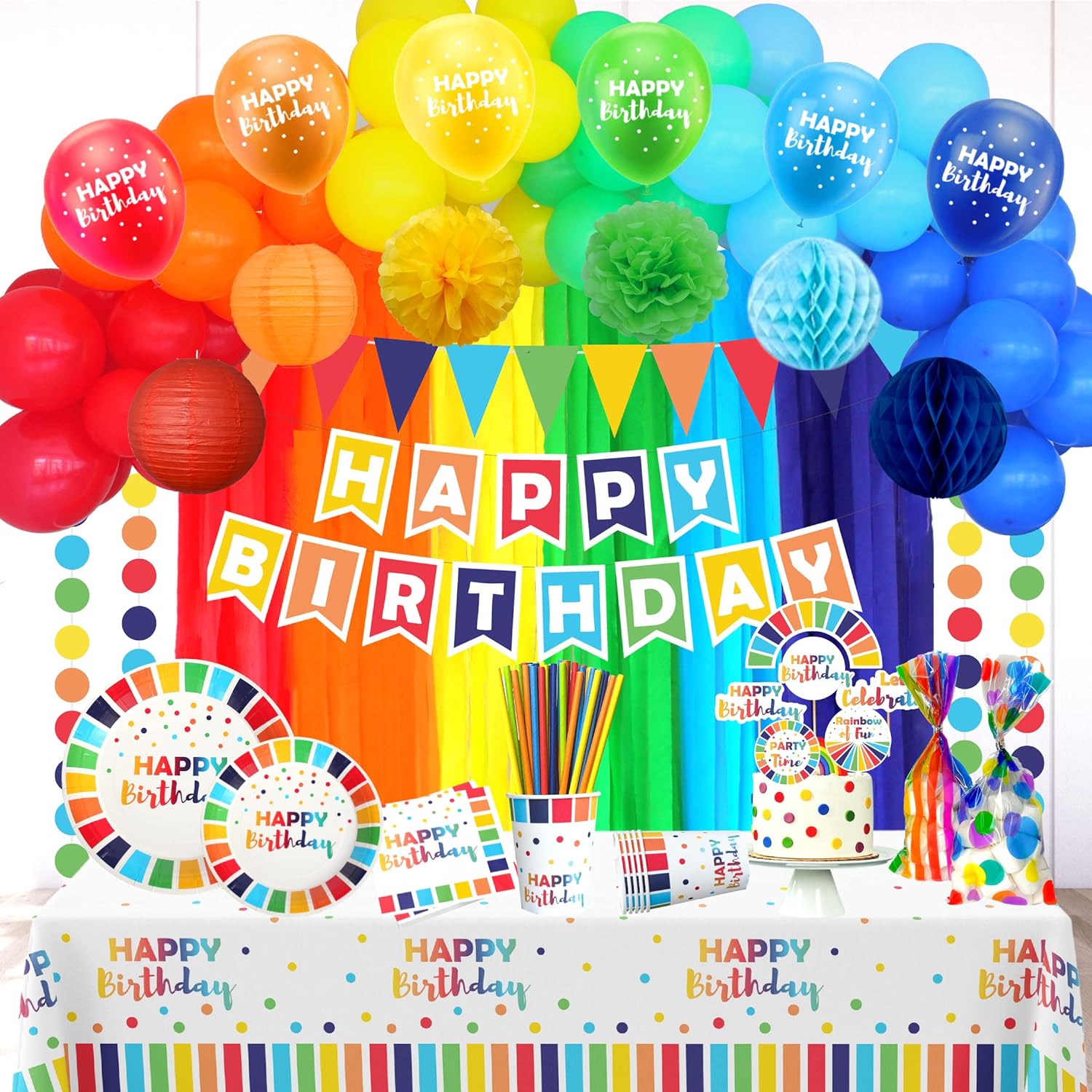 310 Pcs Boho Rainbow Birthday Decorations - Boho Balloon Arch Kit, Party Supplies Serves 24, Banner, Garland, Cake and Cupcake Toppers, Confetti