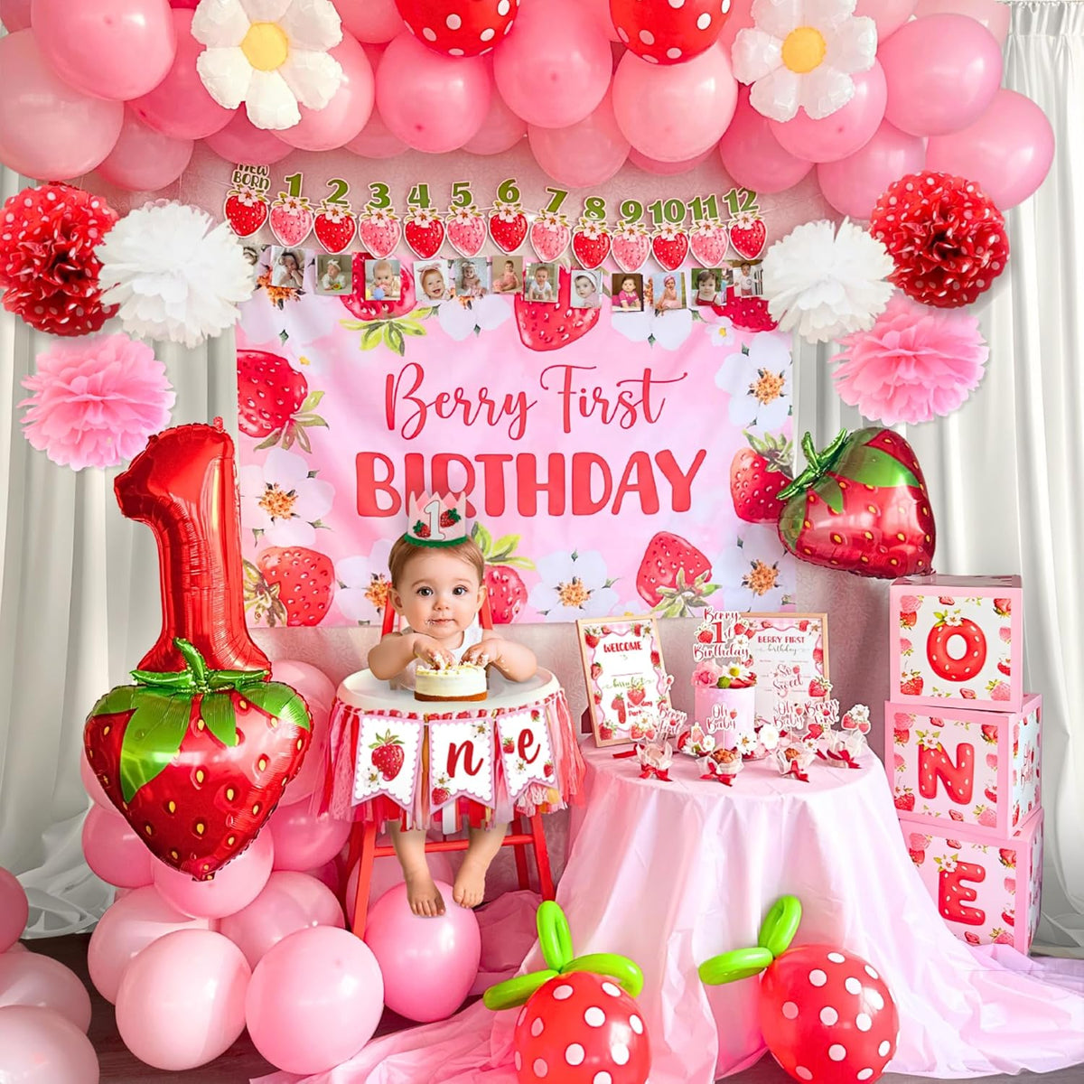 Berry First Birthday Decorations Set - Strawberry 1st Birthday Decorations Girl with Banner, Balloons, High Chair Tutu, Cake Toppers, Milestone Garland & More for Baby Girls