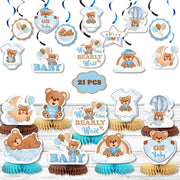 Teddy Bear Baby Shower Decorations for Boy | Table Centerpieces and Hanging Swirls