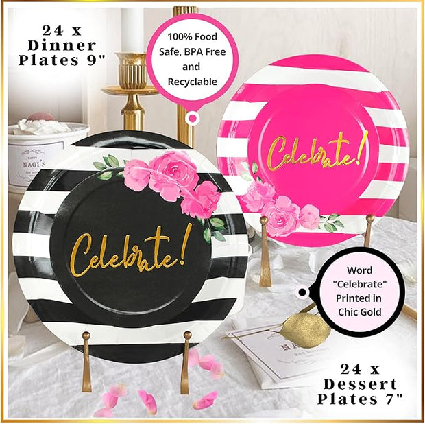 Hot Pink Party Decorations Disposable Tableware Set Serves 24