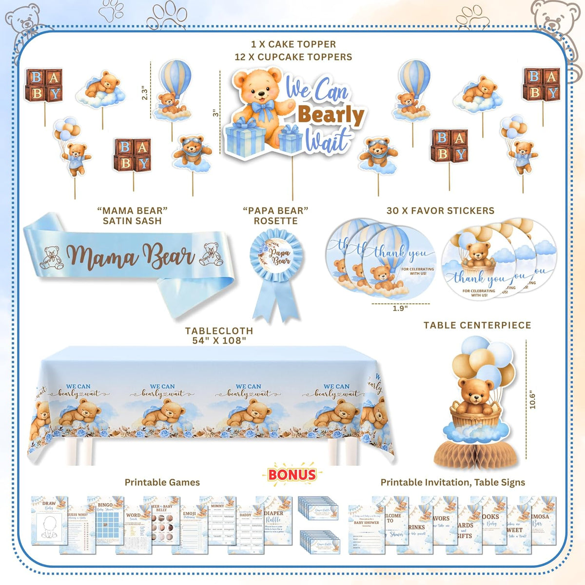 RainMeadow 95 Pc We Can Bearly Wait Baby Shower Decorations Kit for Boy - Backdrop Banner Balloons Pom Poms Cake Toppers Blue - Teddy Bear Baby Shower Decorations